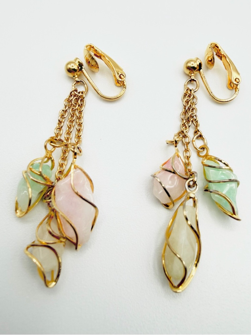 Vintage Avon Clip-On Earrings Gold Dangle Pastel Stone Statement